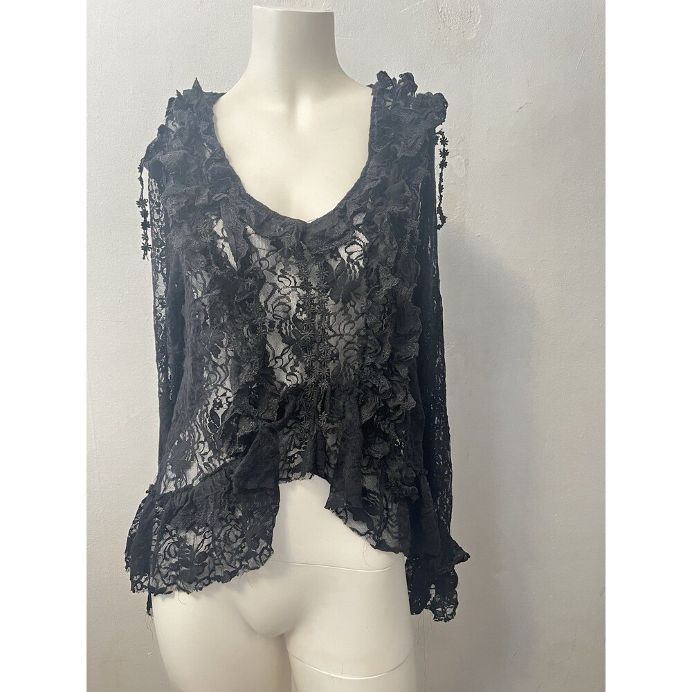 Italian Whimsigoth Top Sz L Sheer Floral Asymmetrical Lace Witchy Fairy Sleeve
